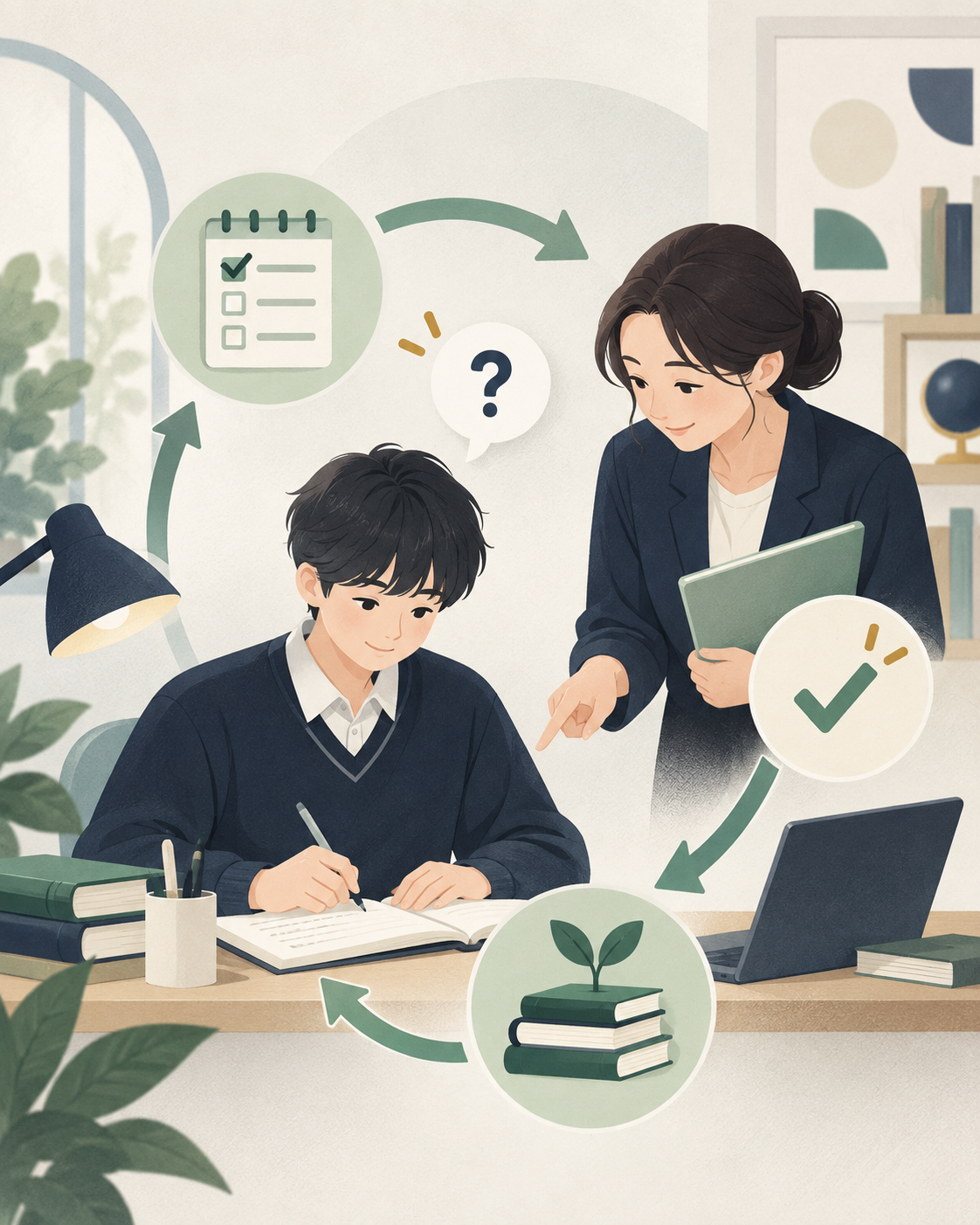 학생의 계획과 질문, 선생님의 확인과 피드백이 다음 학습으로 이어지는 과정
